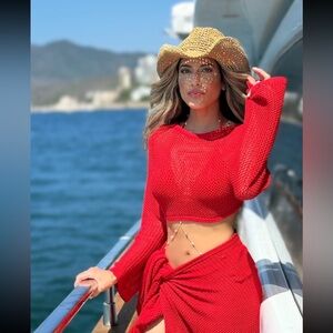 2 Piece Crochet Bikini Coverup Beach Swimwear- Red -Size Small